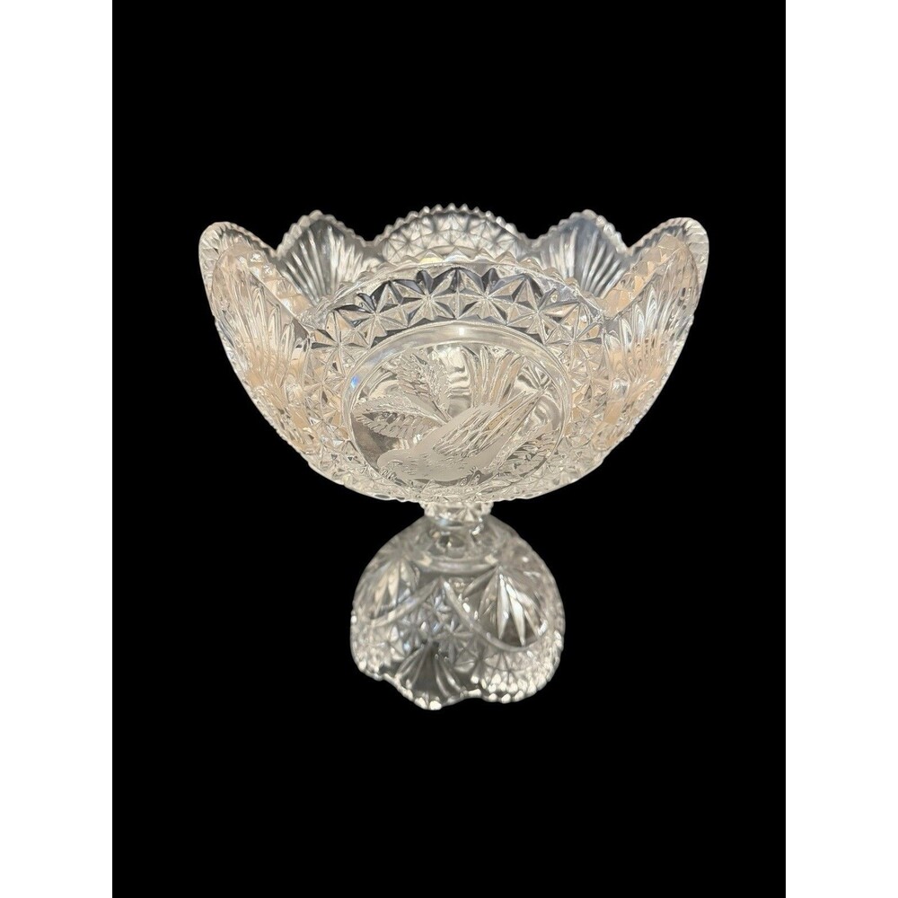 Vtg Hofbaur The Byrdes Collection Round Footed Compote Bowl Etched Birds 9”